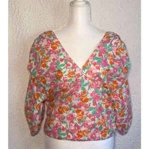 ASOS New Look Wrap Faux Blouse Bright Pink Orange Floral Print Top Size 10
